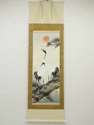雲崖筆　松上鶴　肉筆絹本掛軸（共箱）